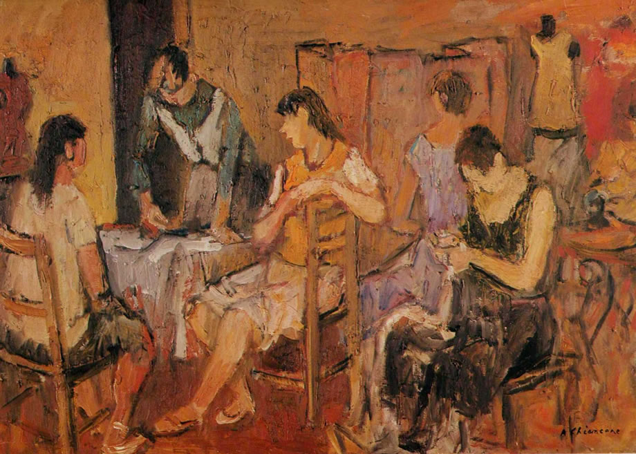 Sartoria, 1964-’65, olio su tela, cm 50x70, Roma, collezione privata